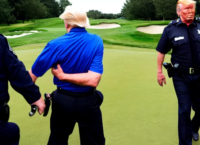 Image similar to arrested senior man with facial features like Donald Trump taken away by FBI at golf course, photo, photo by Alex Webb