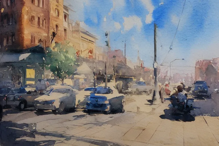 Image similar to small centered on watercolor paper, paint brush strokes, abstract watercolor painting of old rugged poor man at street corner, daylight, blue sky, cinematic light, national romanticism by hans dahl, by jesper ejsing, by anders zorn, by greg rutkowski, by greg manchess, by tyler edlin