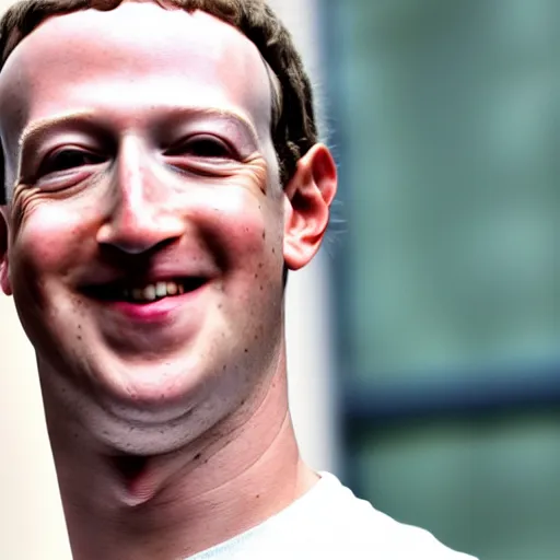 Prompt: extremely zoomed-in photo of sad Mark Zuckerberg looking at the camera with a big smile and waving