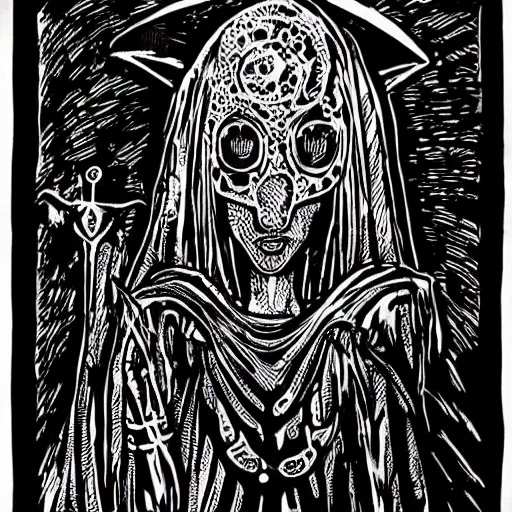 Prompt: a black ink on paper linocut print of a beautiful alien priestess by Vladimir Zimakov. Epic fantasy art.