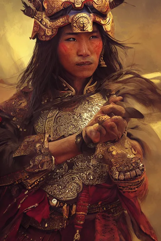 Image similar to Tibetan warrior, portrait, fierce, intricate, elegant, volumetric lighting, scenery, digital painting, highly detailed, artstation, sharp focus, illustration, concept art, ruan jia, steve mccurry