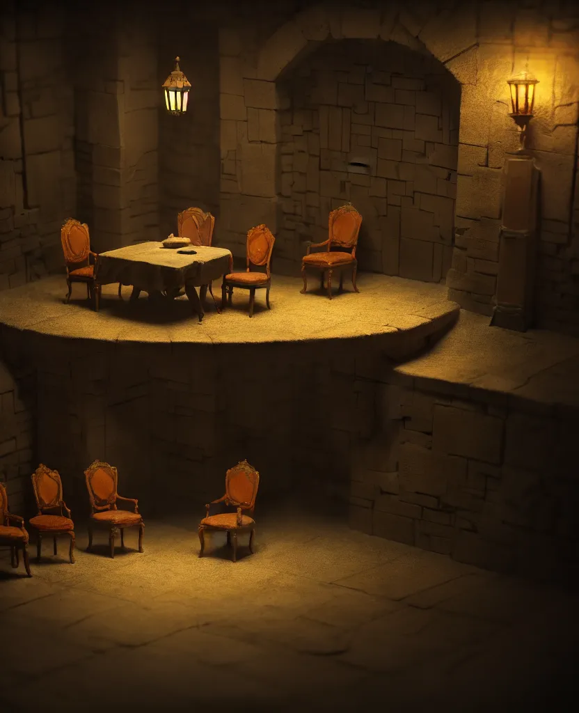 Image similar to the forbidden underground meetings of the traitors, a dimly lit stone room, a single table, some old chairs, all traitors are debating how to kill the king, cinematic landscape, betrayal in the air, octane render, artstation