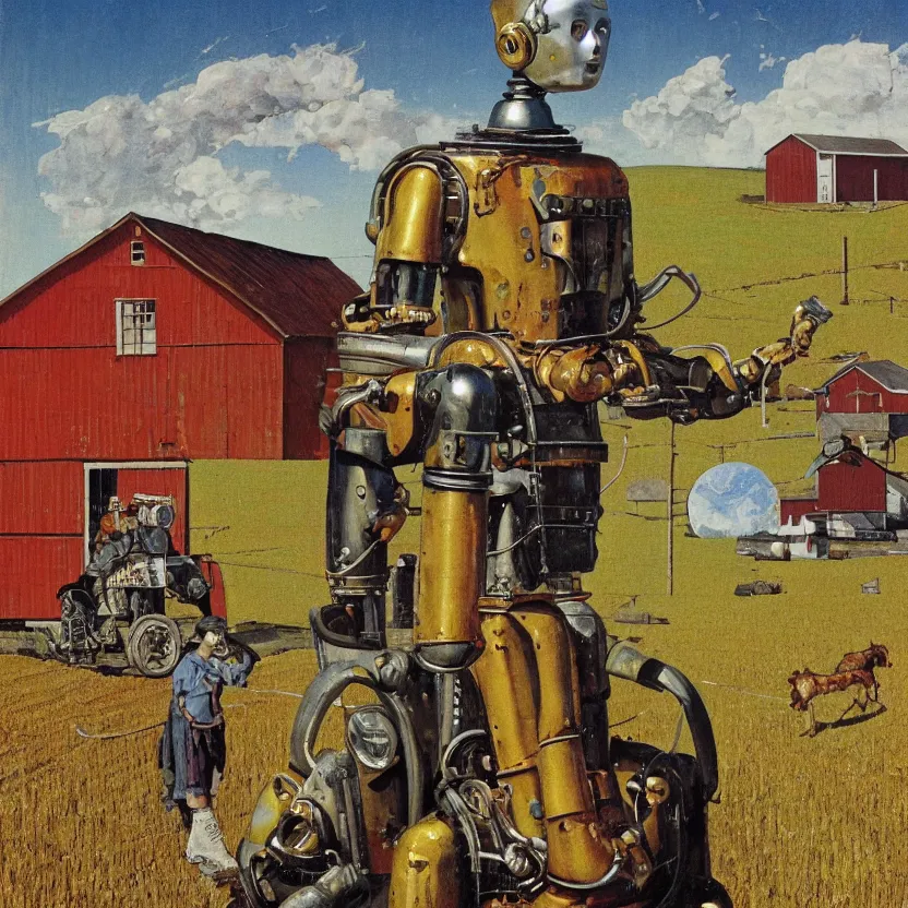 Prompt: portrait painting of a robot made of shiny reflective chrome in front of a barn and farm, painted by norman rockwell. agricultural scene. pulp sci - fi art for omni magazine. high contrast. dark background. baroque period, oil on canvas. renaissance masterpiece. trending on artstation. retrofuturism.