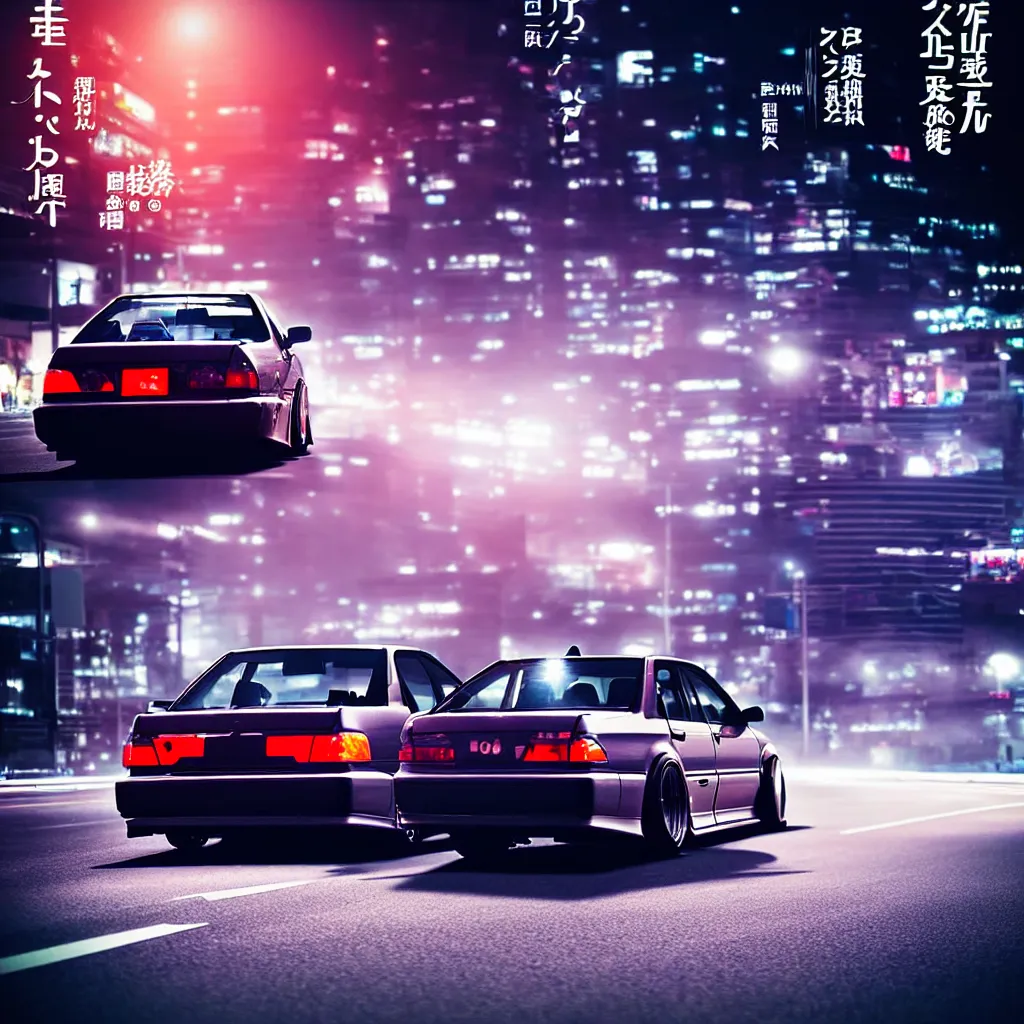 Image similar to a car JZX100 twin turbo drift in the road, Tokyo prefecture, Japanese architecture, city sunset mist lights, cinematic lighting, photorealistic, detailed alloy wheels, highly detailed, studio photo