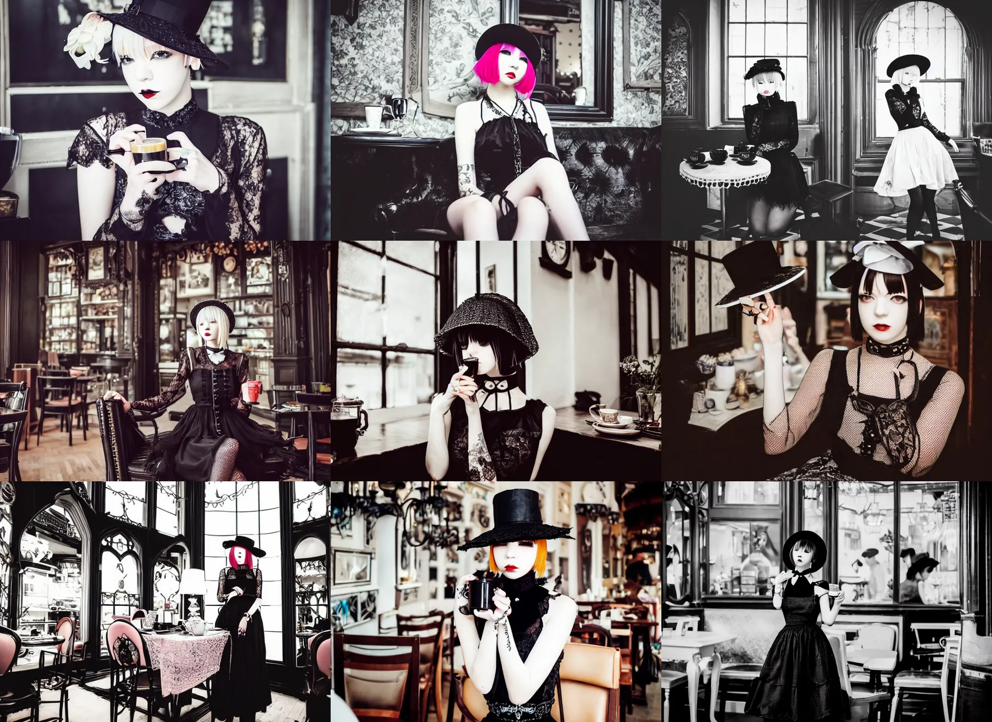 Prompt: full body portrait photo of reol wearing a elegant gothic dress, open top, wearing a chocker and cute hat, drinking tea in a busy victorian cafe interior, moody, intricate and detailed, dark, lomography