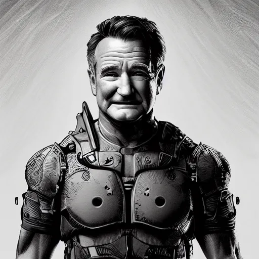 Prompt: Very very very very highly detailed epic photo of Robin Williams, intricate, dystopian, sci-fi, extremely detailed, digital painting, artstation, concept art, smooth, sharp focus, illustration, intimidating lighting, incredible art by Artgerm and Vincent di Fate