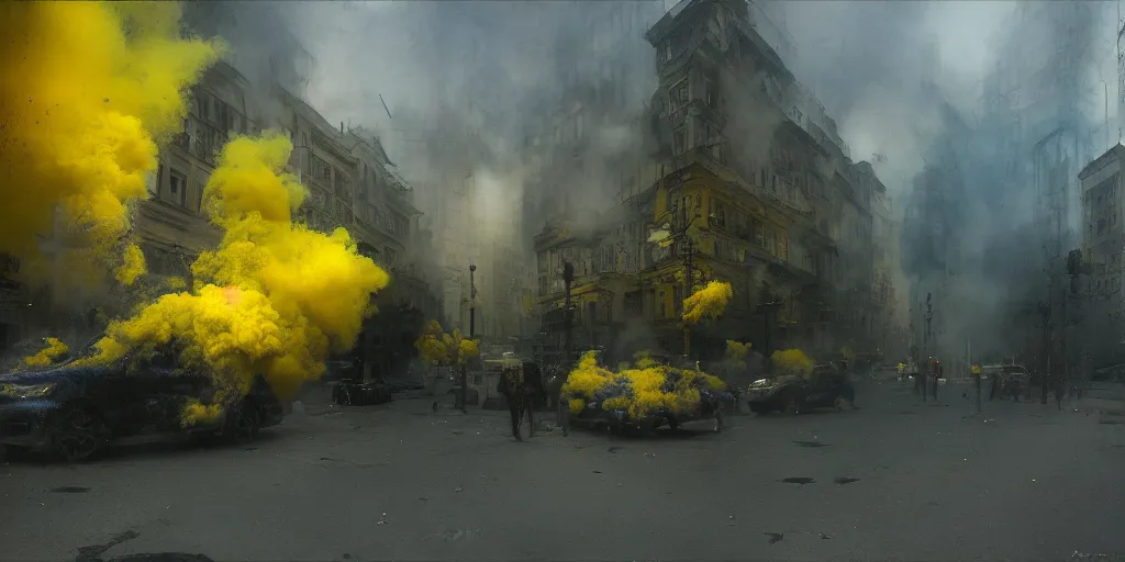 Image similar to kiev city streets covered in yellow and blue smoke, by jeremy mann, by kim keever