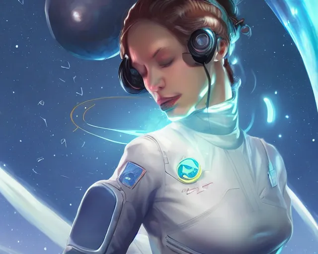 Prompt: young woman flying in space sharp focus, illustration, highly detailed, concept art, matte, trending on artstation, anime, art by artgerm and warren louw