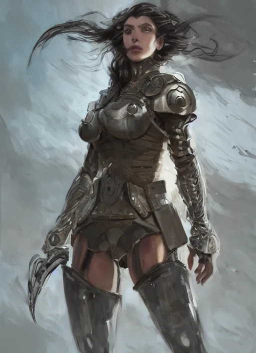 Image similar to a professional photographic portrait of a beautiful young female, clothed in battle armor, exposed waist, olive skin, long dark hair, beautiful bone structure, symmetrical facial features, intricate, elegant, digital painting, concept art, smooth, sharp focus, illustration, from Metal Gear, by Ruan Jia and Mandy Jurgens and Artgerm and William-Adolphe Bouguerea