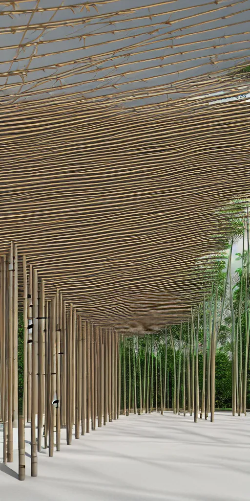 Image similar to photo of a bamboo pavilion with hundreds of thin steel round columns. corona render