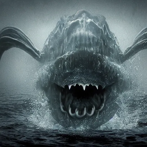 Image similar to sea monster about to eat pov underwater, creeping forward, showing anger, pale skin, dark foggy water, dramatic,'silent hill ', terrifying, non - human, cinematic