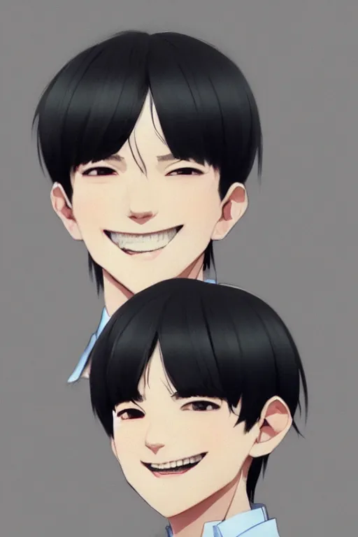 Image similar to a headshot of a very happy yoongi gummy smile - short black hair wearing male school uniform, sharp focus, illustration, morandi color scheme, art station, high detailed, by ilya kuvshinov