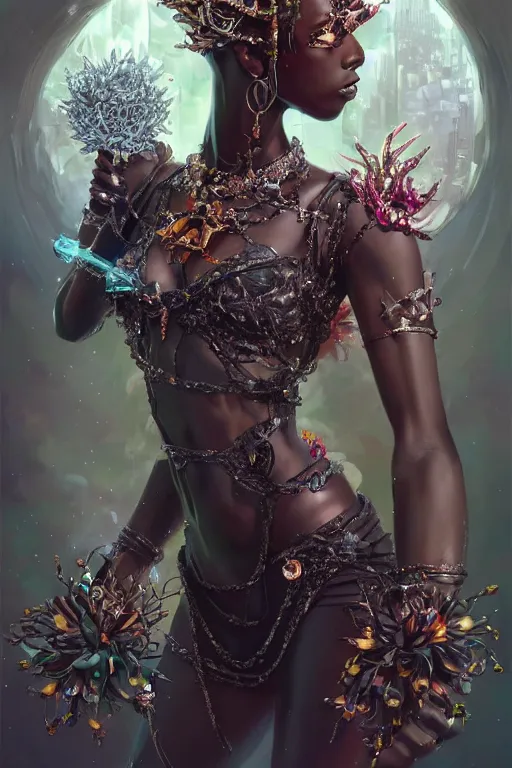 Image similar to beautiful black model wearing crystal crown full of jewels, warhammer, cyberpunk, 3 d render, hyper realistic detailed portrait, holding magic flowers, scifi, fantasy, hyper detailed, octane render, concept art, peter mohrbacher, artgerm, ruan jia, wlop