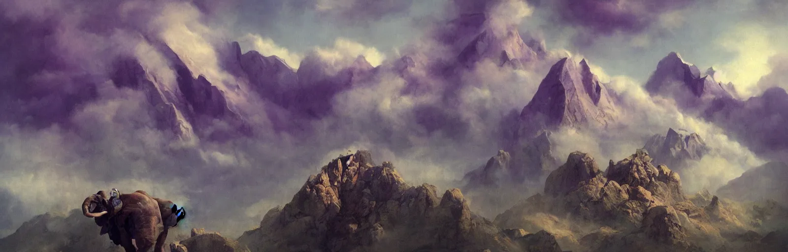 Image similar to A jagged mountain range with flying purple baby elephant, clouds, illustration, detailed, smooth, soft, warm, by Adolf Lachman, Shaun Tan, Surrealism