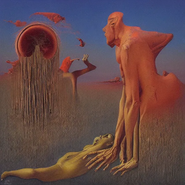 Prompt: Painting, Creative Design, album cover art, Human mind, surrealist, by Zdzisław Beksiński and storm thorgerson