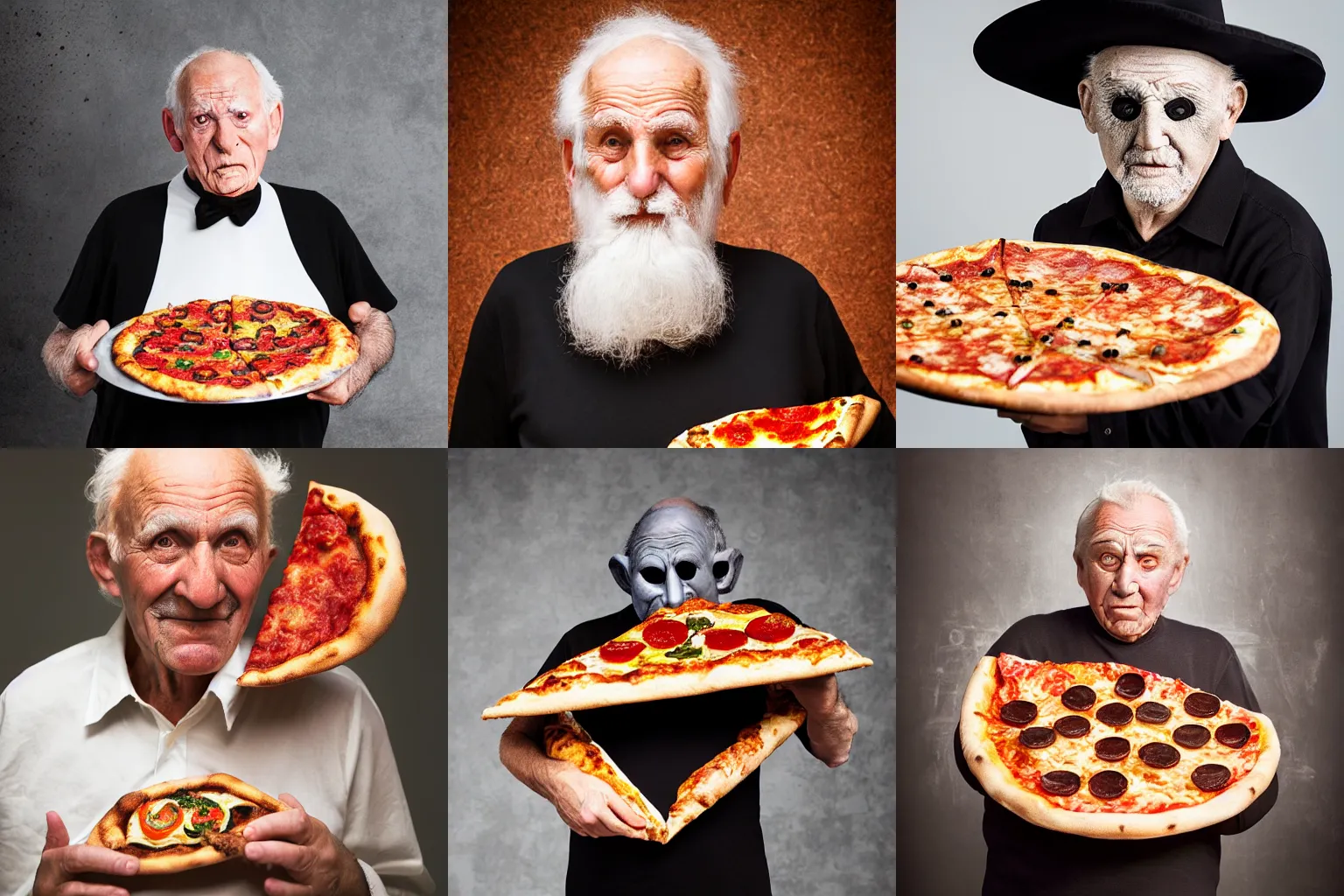 Prompt: portrait photo of wrinkled old man who is wearing a black pulcinella mask and holding a pizza margherita, studio photography, diffuse light, full body, sharp focus, clear eyes, photo by annie leibovitz