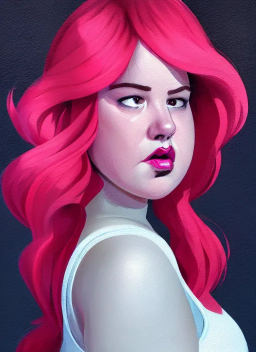 Image similar to full body portrait of teenage cheryl blossom, obese, bangs, sultry, realistic, red hair, sultry smirk, wavy hair, pink skirt, fat, obese, intricate, elegant, glowing lights, highly detailed, digital painting, artstation, concept art, smooth, sharp focus, illustration, art by wlop, mars ravelo and greg rutkowski