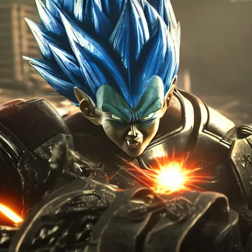 Image similar to vegeta in gears of war, splash art, movie still, cinematic lighting, ray tracing, octane render, long lens, shallow depth of field, bokeh, anamorphic lens flare, 8 k, hyper detailed, 3 5 mm film grain