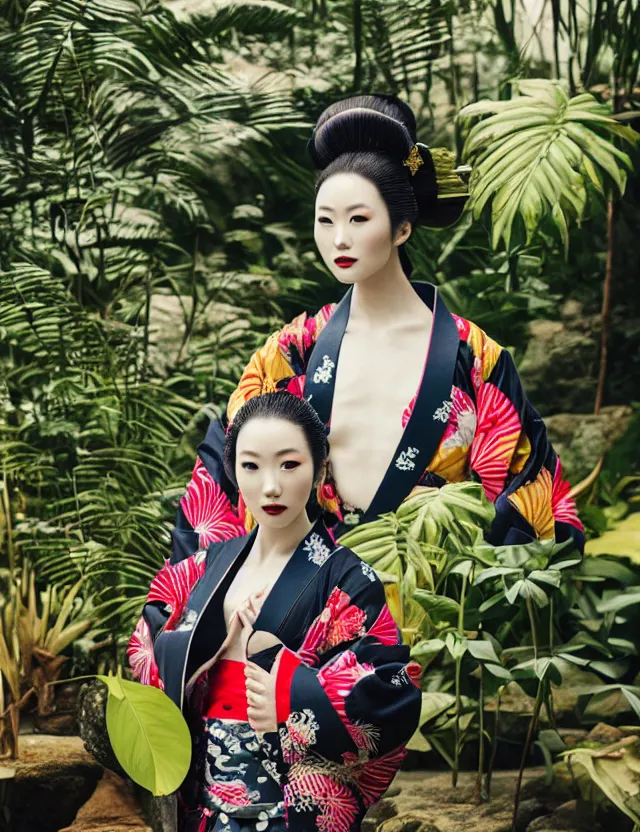 Prompt: fashion photograph of a beautiful Japanese woman wearing a traditional kimono in a tropical greenhouse, by Annie Leibowitz, by Alessio Albi, extremely detailed, large format camera, Fuji Provia film, bokeh, blurred background, photorealistic, trending on instagram, trending on artstation