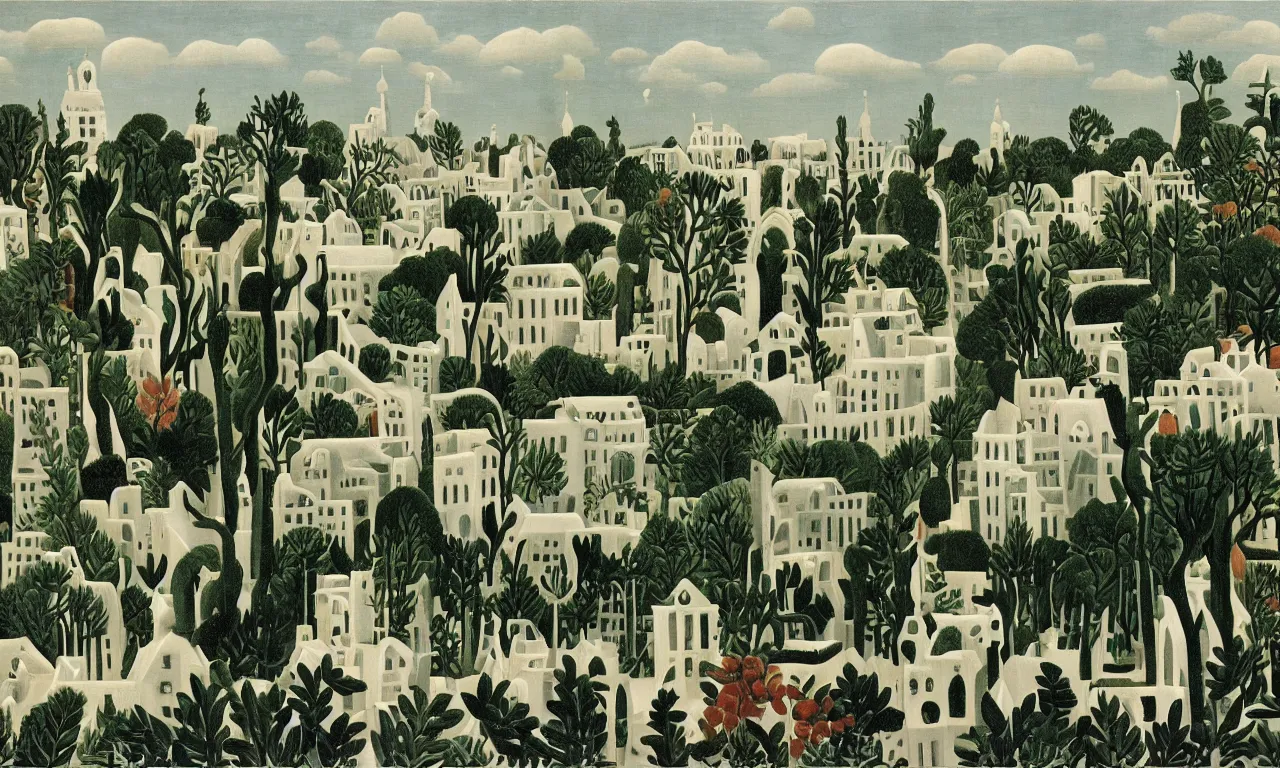 Image similar to a sprawling white fantastical city on the edge of a black hole painted by henri rousseau