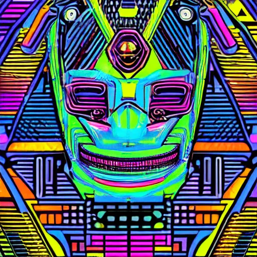 Prompt: hyperdetailed portrait of a cyberpunk aztec futurism robot head, 8 k, symetrical, flourescent colors, halluzinogenic, multicolored vector art, black background