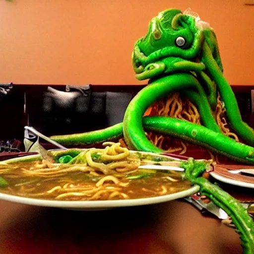 Prompt: Cthulhu monster using its tentacle sitting at table eating ramen