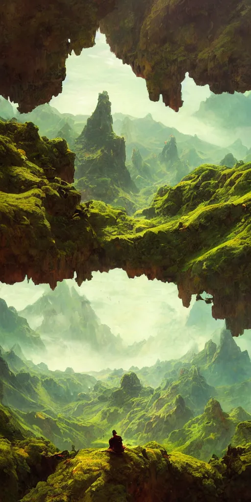 Image similar to sky is land lush green landscape villages castles buildings inverted upsidedown mountain range hanging from the sky fantasy surreal good composition artstation illustration sharp focus sunlit vista painted by ruan jia raymond swanland lawrence alma tadema zdzislaw beksinski norman rockwell tom lovell alex malveda greg staples