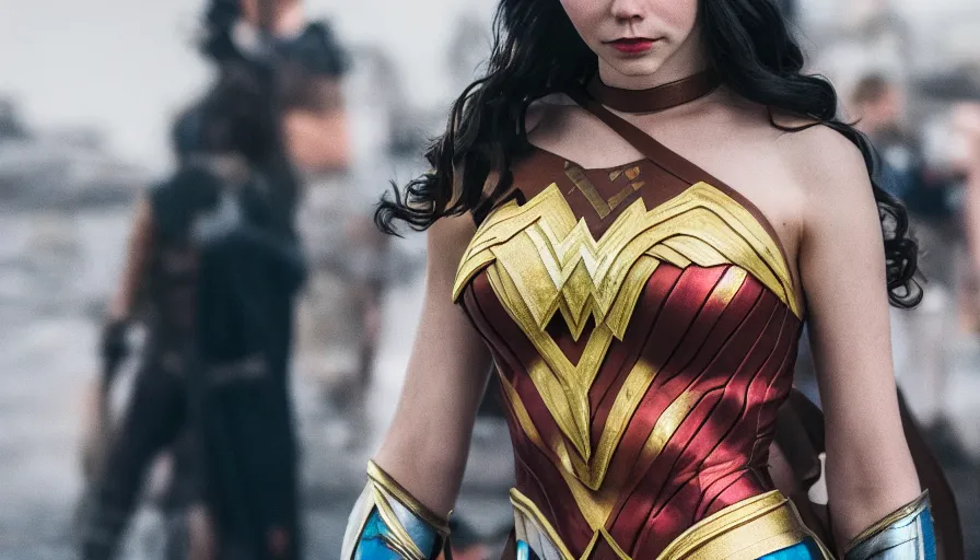 Prompt: high quality photo of a cosplaying Anya taylor as wonder woman , photography 4k, f1.8 anamorphic, bokeh, 4k,