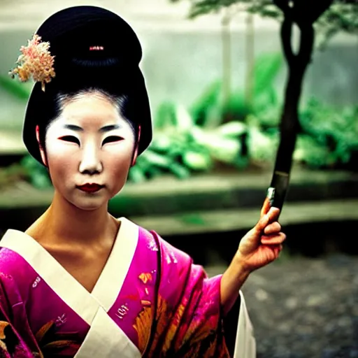 Image similar to portrait of a beautiful geisha, photograph by steve mccurry