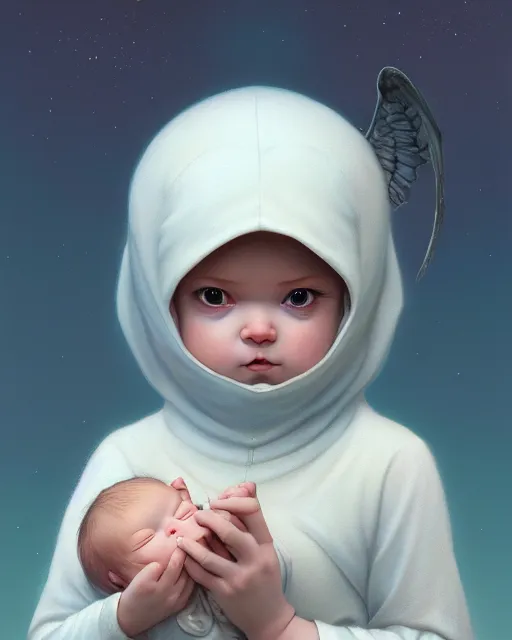 Prompt: highly detailed vfx portrait of a baby cherub angel character wearing a balaclava, stephen bliss, unrealengine, greg rutkowski, loish, rhads, beeple, makoto shinkai and lois van baarle, ilya kuvshinov, rossdraws, tom bagshaw,