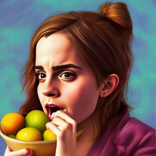 Image similar to a portrait of Emma Watson roaring loudly, with tears in her eyes, at a bowl of innocent fruit, emotional, backlit, strong rim light, highly detailed, digital painting, HDRI, by Casey Weldon, vivid colors, high contrast, intricate