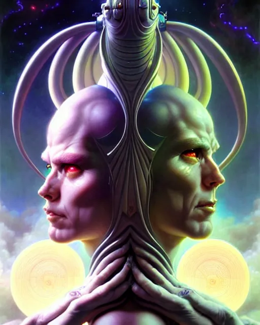 Image similar to beautiful gemini good and evil fantasy character portrait, ultra realistic, wide angle, intricate details, the fifth element artifacts, highly detailed by peter mohrbacher, hajime sorayama, wayne barlowe, boris vallejo, aaron horkey, gaston bussiere, craig mullins