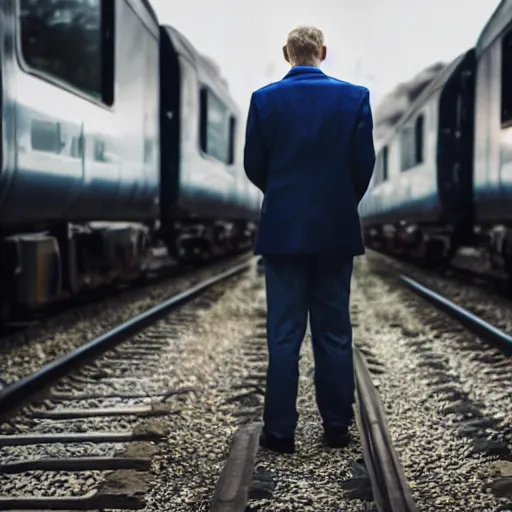 Prompt: rich man looking at us standing still in front of two trains heading at us, falling money, realistic, photo