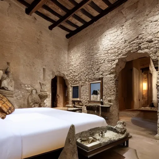 Prompt: bedroom at extremely expensive hotel in ancient roman times. high - fashion boutique hotel. stone walls. statues. carving. detailed beautiful photography.