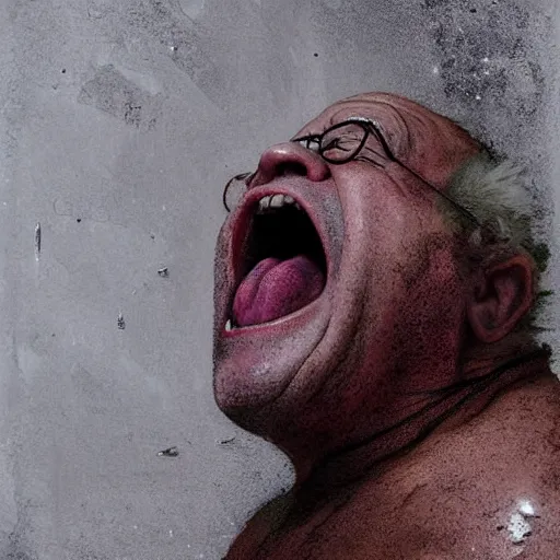 Image similar to hyperrealistic mixed media high resolution image of Danny DeVito angrily screaming into a urinal, stunning 3d render inspired art by István Sándorfi and Greg Rutkowski and Unreal Engine, perfect symmetry, dim volumetric lighting, 8k octane beautifully detailed render, post-processing, extremely hyper-detailed, intricate, epic composition, highly detailed attributes, highly detailed atmosphere, full body shot, cinematic lighting, masterpiece, trending on artstation, very very detailed, masterpiece, stunning, flawless structure, lifelike texture, perfection,