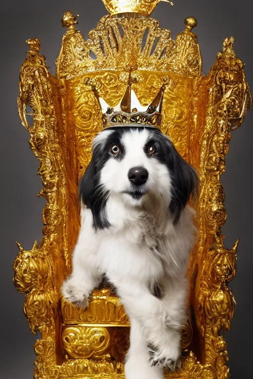 Image similar to a dog sitting on a gold throne with a crown on its head, photography
