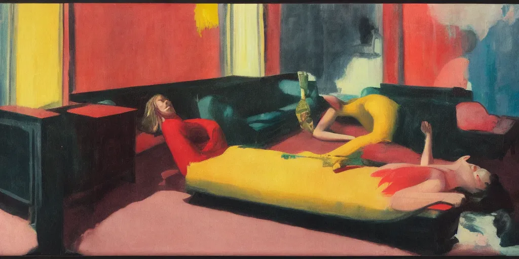 Prompt: realistic lovers collapsed in a the cafe void, alizarin curtains, spasms, college girls, couches vibrating and melting, painted by Edward Hopper, Adrian Ghenie, 8k, Peter Doig, Mark Rothko, photorealistic, polaroid, melting paint drips