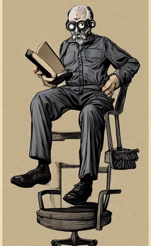 Prompt: old man, work, vintage dress, sittin, chair, book, gasmask, do what we can, then leave it to god, non fiction, stability, intricate, elegant, 8 k uhd, justify content center, artstation, concept art, matte, sharp focus, illustration, art by paul lung