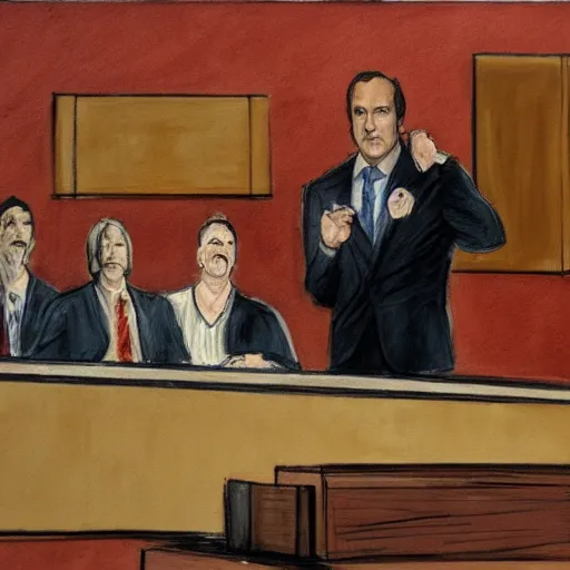 Prompt: saul goodman defending michael scorn in acourt, courtroom painting