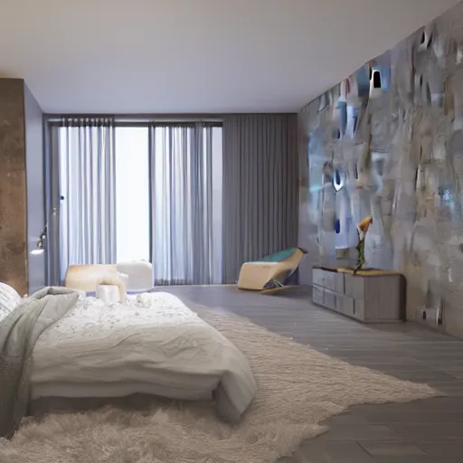 Image similar to realistic unreal engine render of an open bedroom,