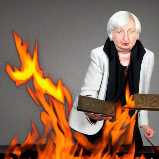 Prompt: Janet Yellen burning up pile of dollars