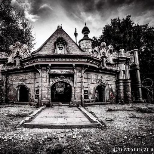 Prompt: Abandoned disneyland castle, with cobwebs and cracks, urban exploration, decaying, 24mm f/3.5