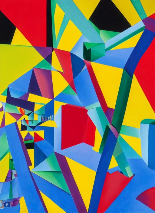 Prompt: a cubist painting of a self-consuming 4d impossible building in a 4d perspective impossible cubism room by okuda san miguel and Patrick Akpojotor, vivid colors, complimentary colors, clear shapes, looping, 3d, twisting, pareidolia, 8k, hd, acrylic on canvas