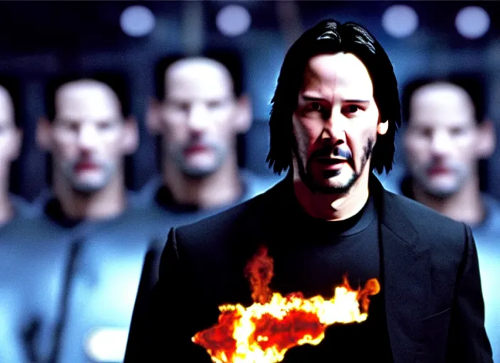 Image similar to A photo of Keanu Reeves as Neo in The Matrix movie doing a thumb up to the camera in front on burning servers, servers in flames in the background, happy system administrator doing a thumb up, uncropped, full body, crispy, ultra detailed