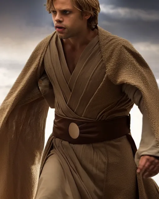 Image similar to sebastian stan portraying a beautiful luke skywalker grand master jedi from star wars legends, in a jedi robe, without lightsaber, movie, hyper realistic, hollywood promotional image, imax, 8 k