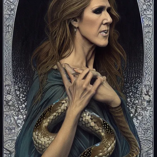 Prompt: amazing lifelike award winning pencil illustration of Celine Dion with many snakes for hair trending on art station artgerm Greg rutkowski alphonse mucha cinematic