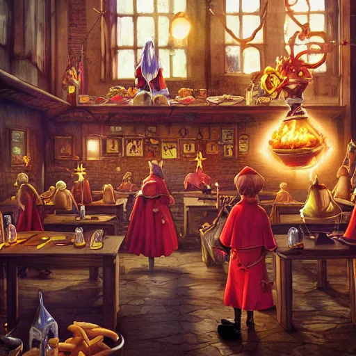 Prompt: Rincewind and a bowl of fries, in Hogwarts School of Witchcraft and Wizardry, detailed, hyperrealistic, colorful, cinematic lighting, character concept art by Paul Kidby and Jim Kay, trending on ArtStation