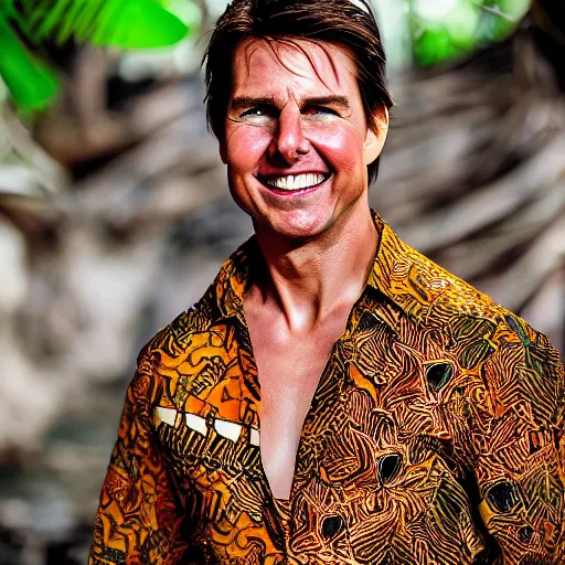 Prompt: a portrait photo of tom cruise wearing batik bali when holiday in bali, perfect faces, sigma 3 5 mm