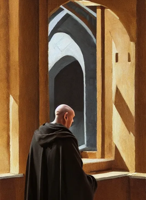 Image similar to symmetry!! oil painting of a tonsured dominican monk in brown robes, looking out of a monastery window contemplatively, a majestic cathedral in the background, digital art, artstation, cinematic, golden hour, digital art painting by greg rutkowski