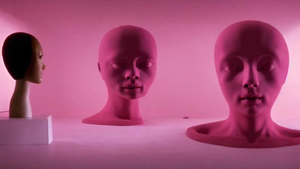 Prompt: a giant pink mannequin head in the middle of a living room, film still from the movie directed by denis villeneuve with art direction by zdzisław beksinski, wide lens